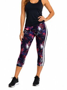 Bebe Sport Women's Tuxedo Striped Tropical Print Cropped Athletic Leggings
